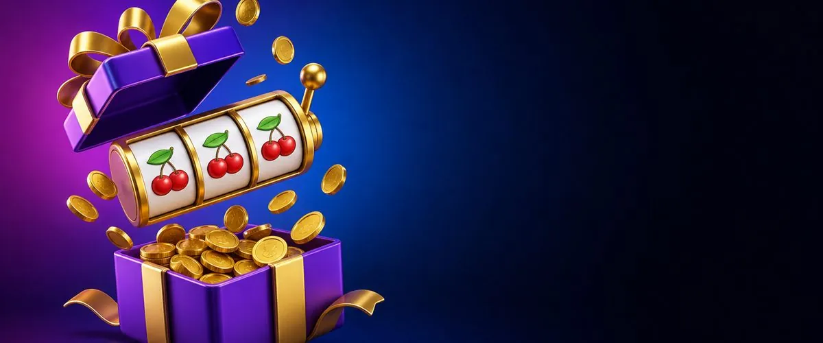Caja de regalo con monedas y un rodillo de tragamonedas
